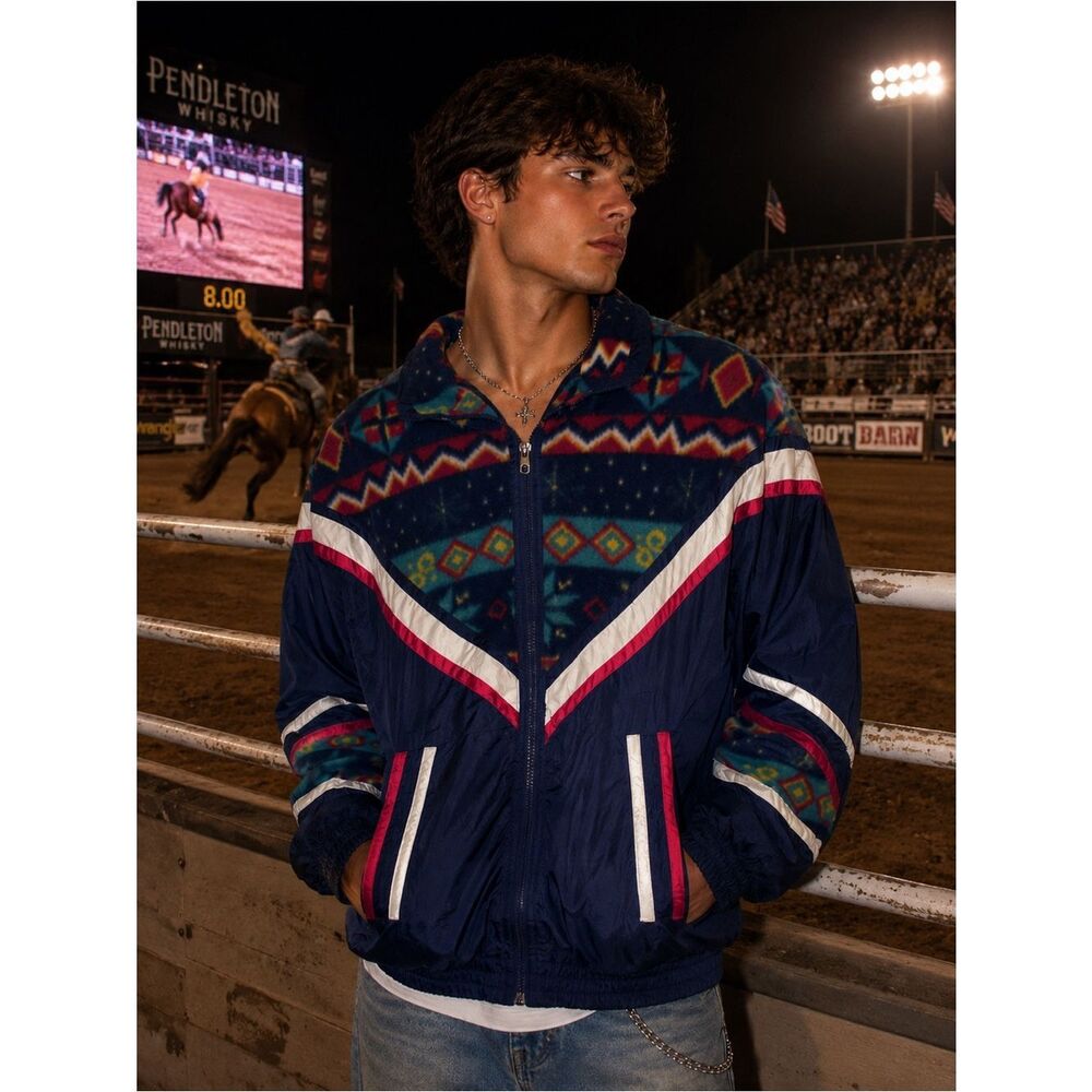 VTG New York Classics Nylon Fleece Striped Mixed Media Windbreaker Sz M Retro